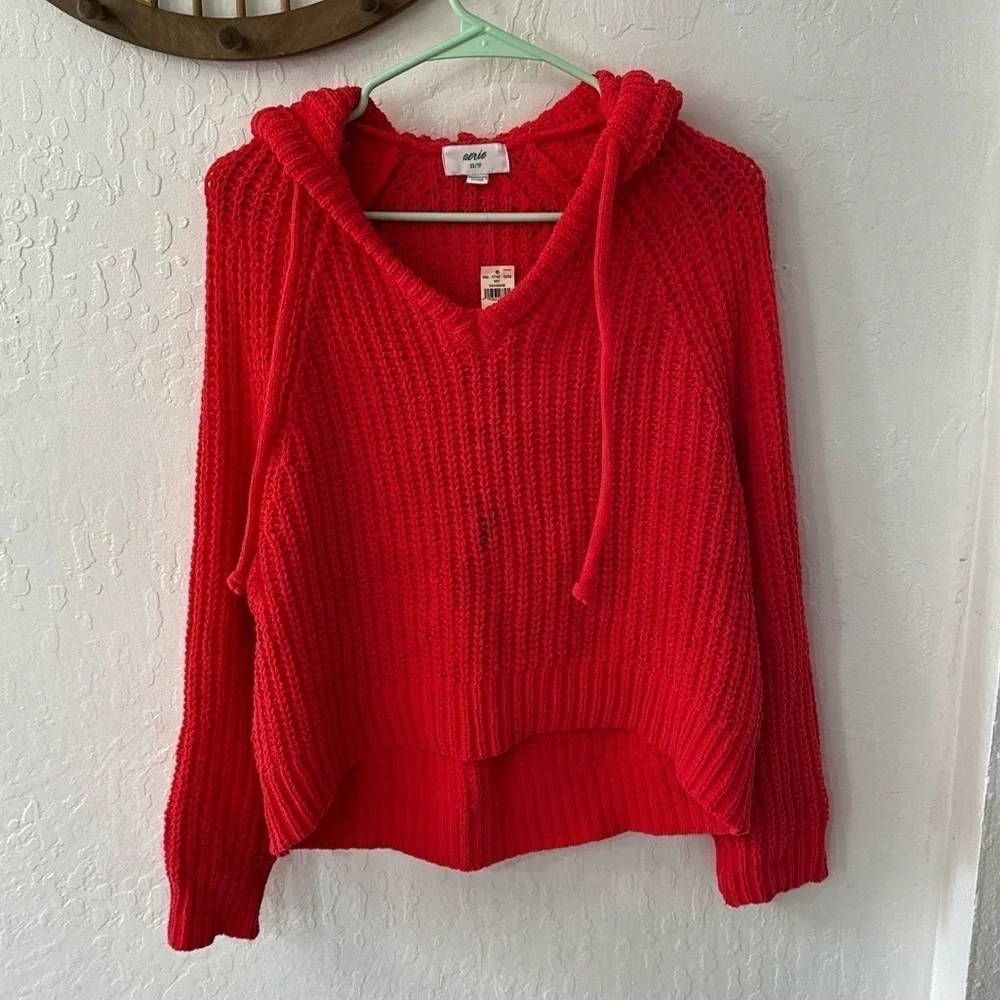 Aerie PINK Chenille Chunky Knit Pullover Sweater Hood Drawstring XS - Picture 2 of 8